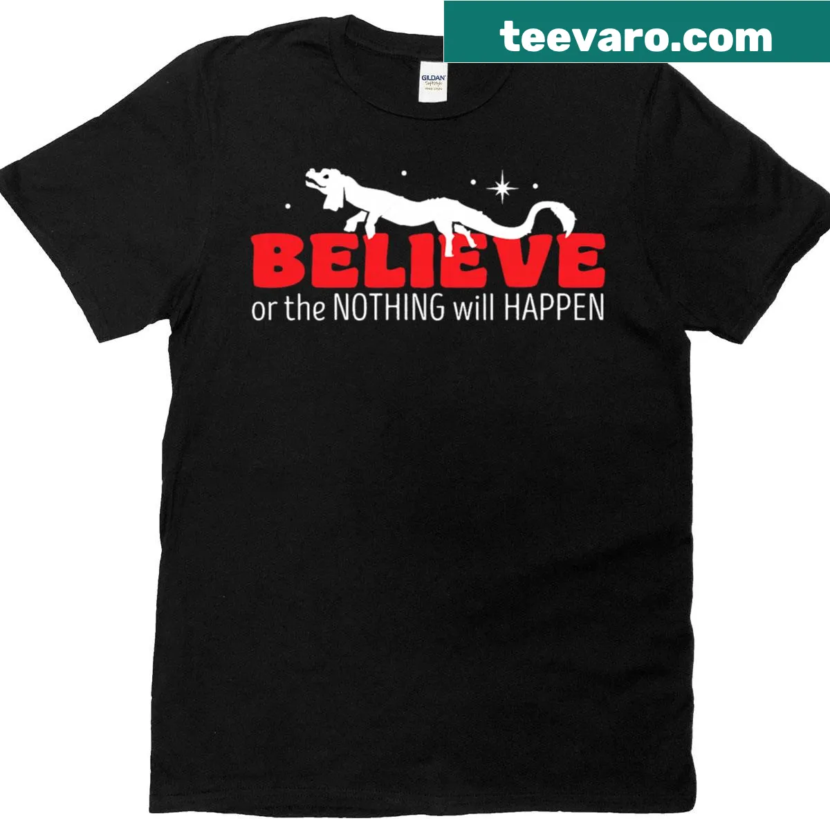 Illustration of Falkor the Luck Dragon with the phrase Believe In The Nothing — on a men's t-shirt