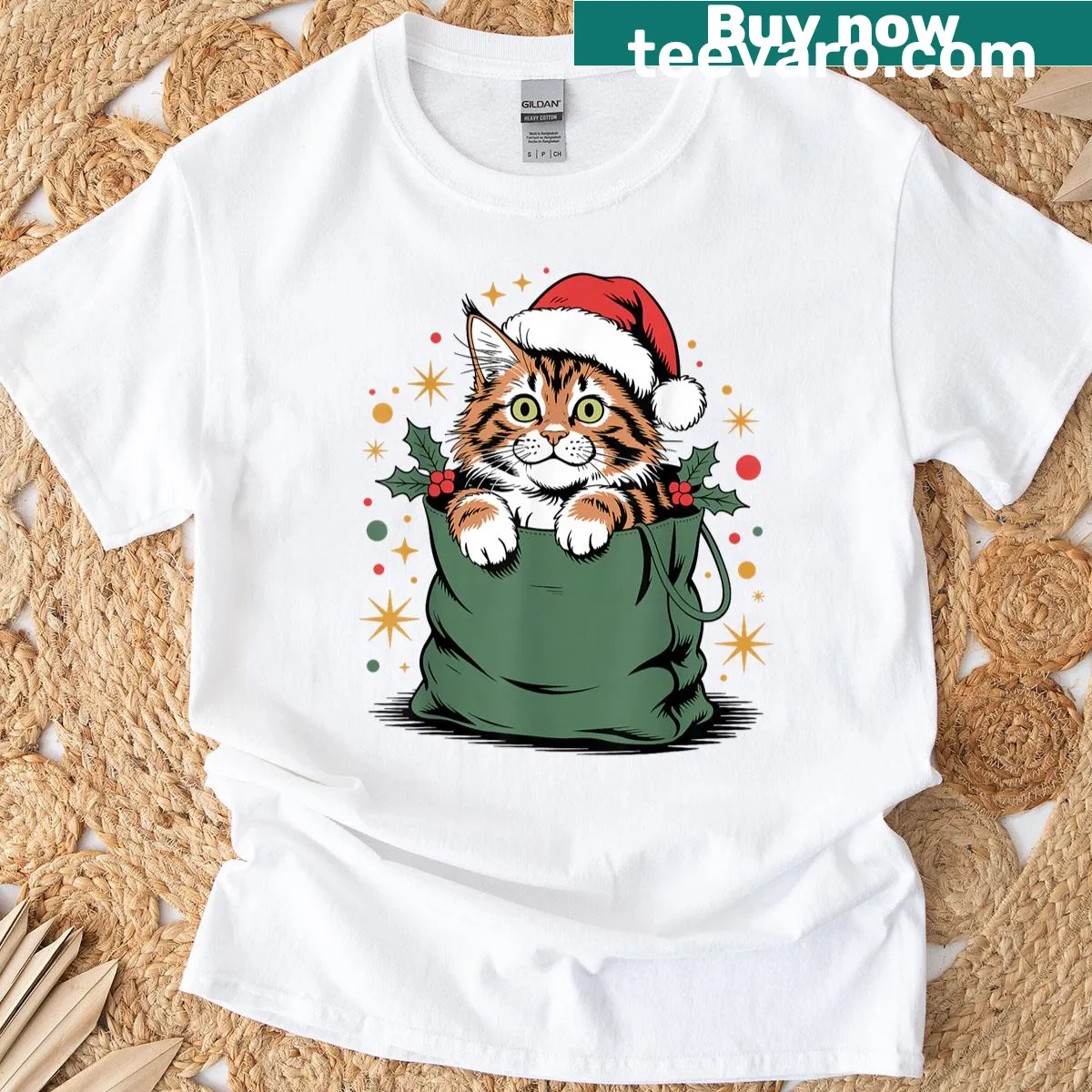 Adorable Maine Coon cat wearing a Santa hat on a t-shirt — on a men's t-shirt