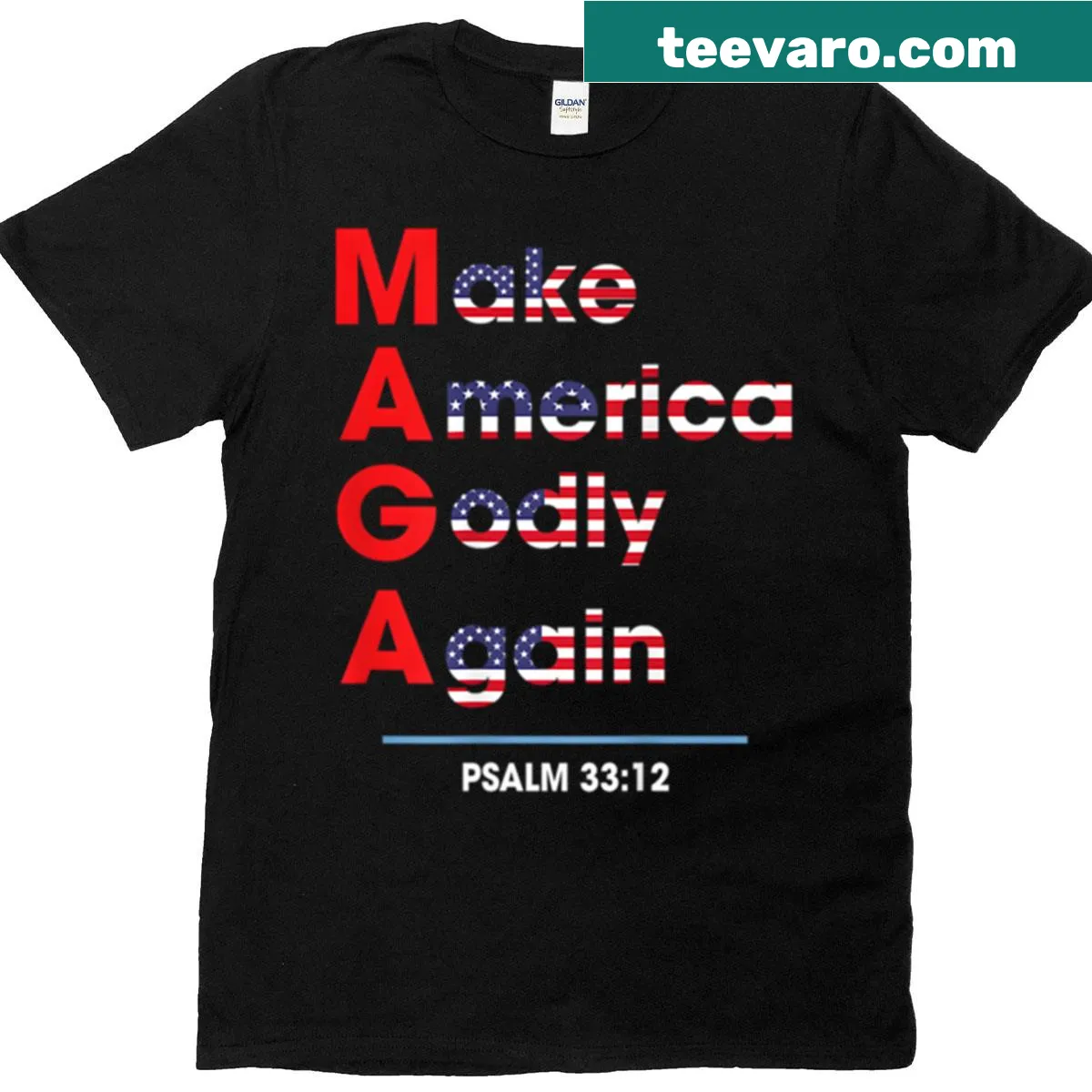 Bold text graphic reading Make America Godly Again — on a men's t-shirt