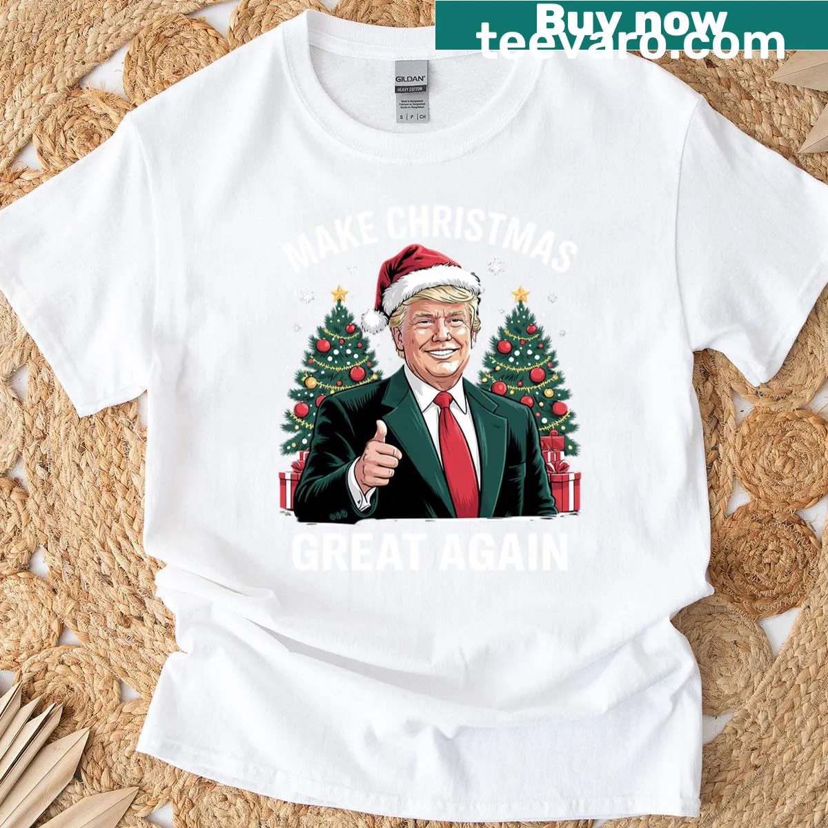 Playful holiday t-shirt featuring Santa Trump and 'Make Christmas Great Again' — on a men's t-shirt