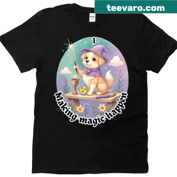 Illustrated tarot card featuring a magician and a dog on a t-shirt