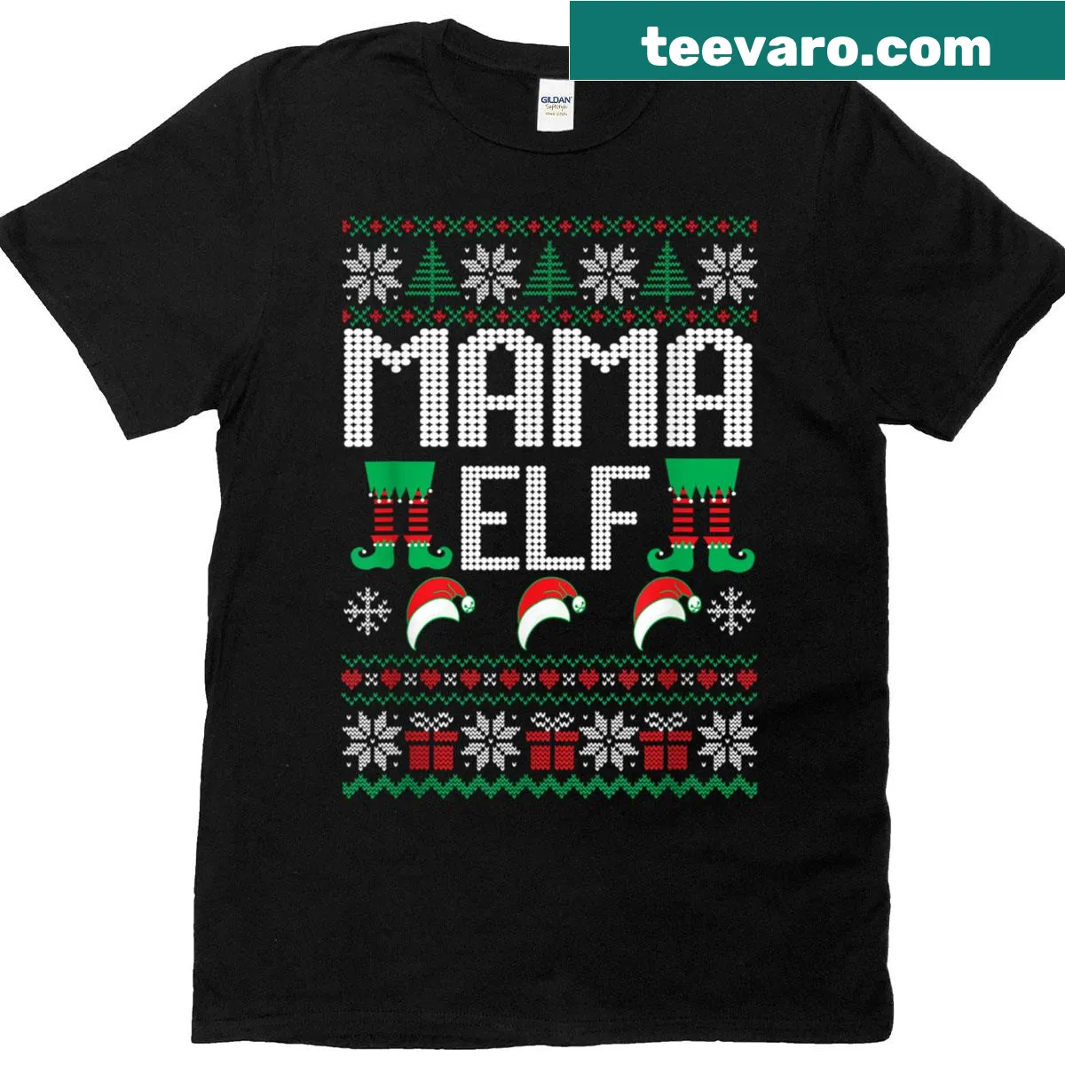 Vintage-style 'Mama Elf' Christmas graphic t-shirt — on a men's t-shirt