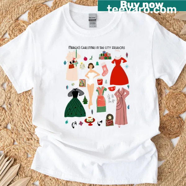 Illustrative t-shirt featuring festive paper doll art for Christmas