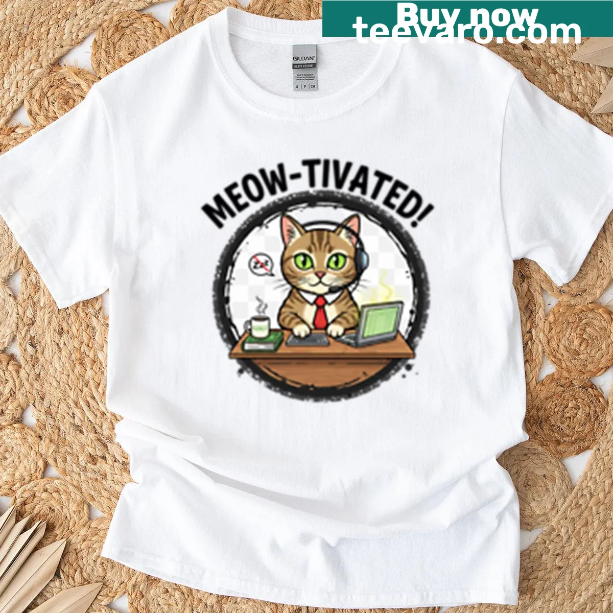 Funny T-shirt with 'Meow-tivated' typography design for cat lovers. — on a men's t-shirt