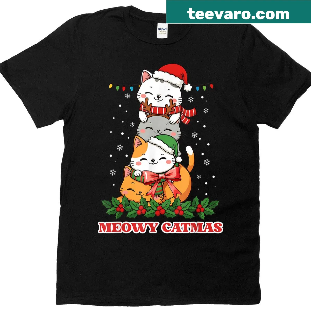 Funny 'Meowy Catmas' Christmas cat graphic t-shirt — on a men's t-shirt