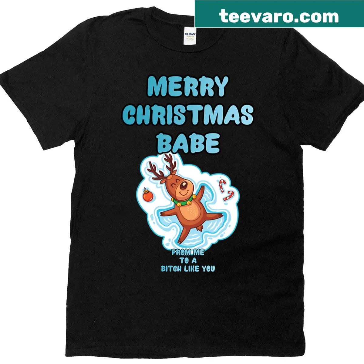 Sarcastic Christmas t-shirt featuring a rude reindeer — on a men's t-shirt