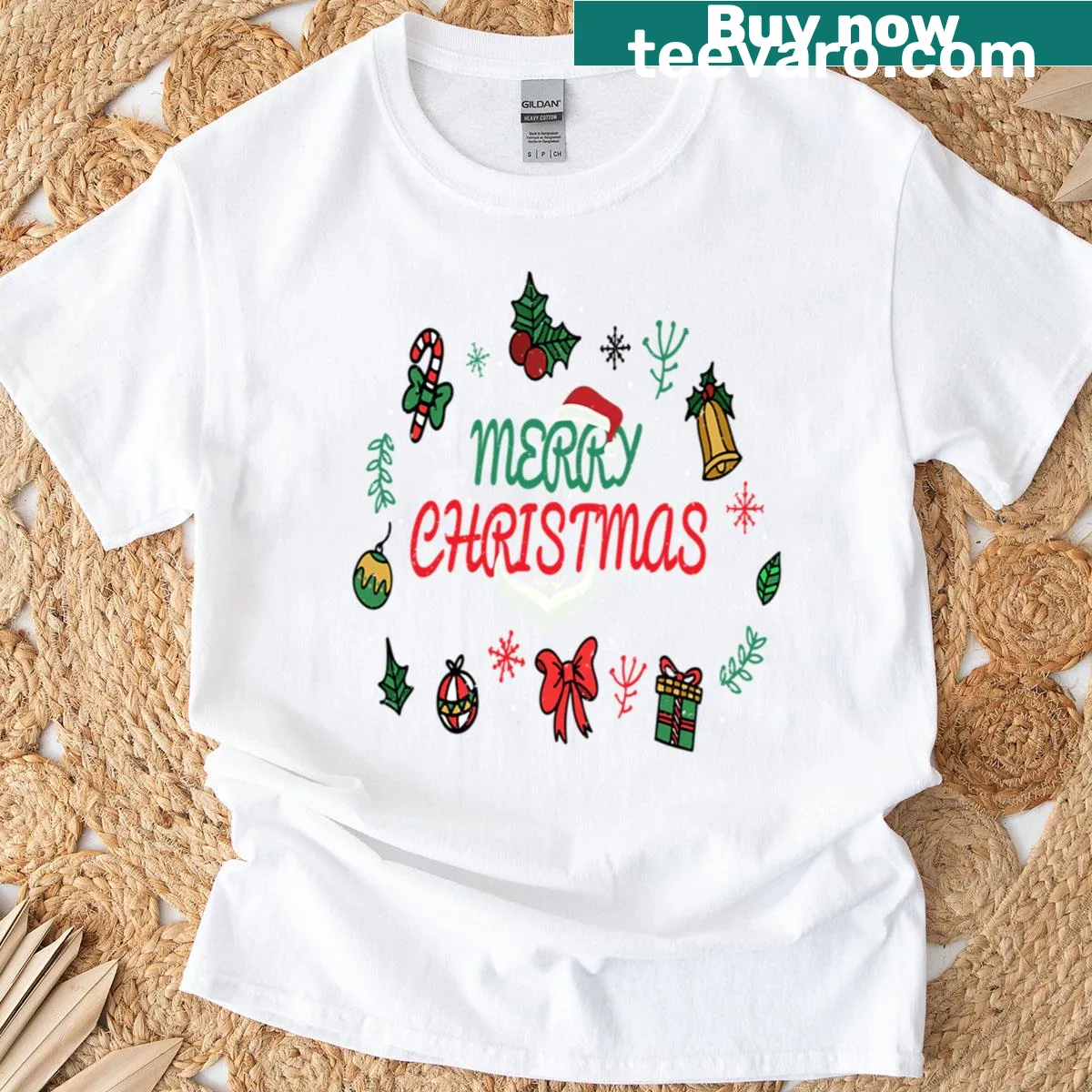 Oversized holiday T-shirt with cute and funny Christmas-themed design — on a men's t-shirt