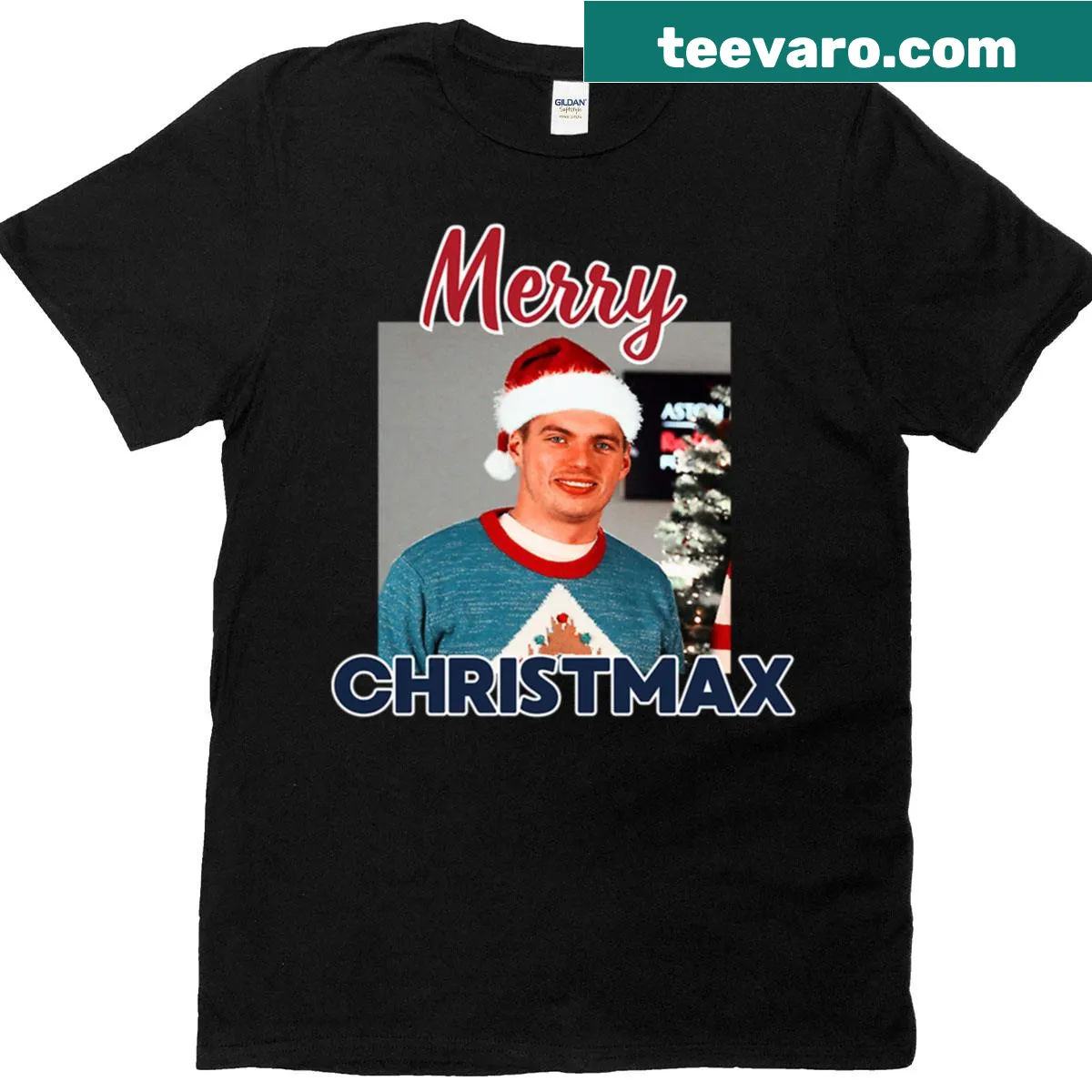 Merry Christmas themed Verstappen F1 graphic T-shirt — on a men's t-shirt
