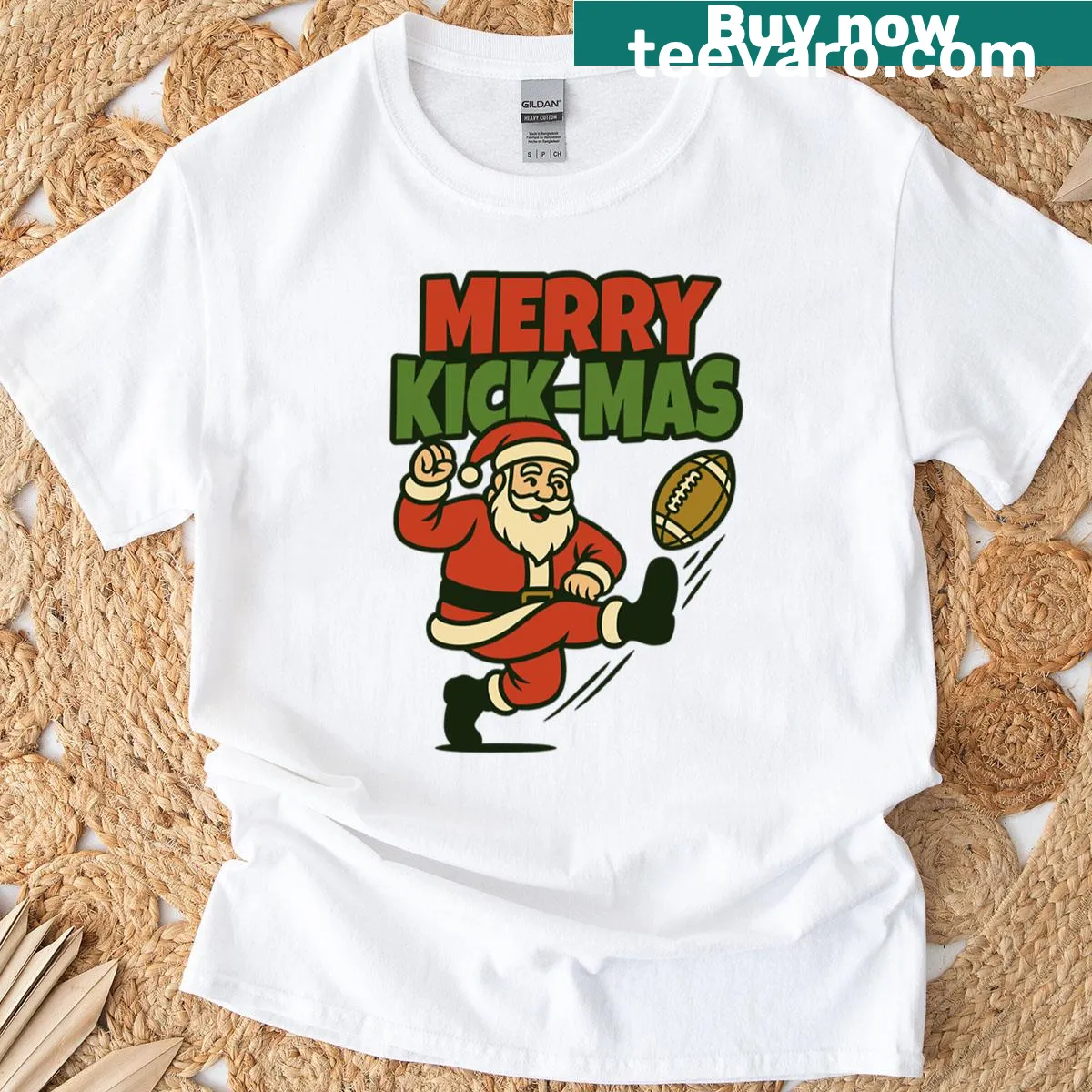 Funny Christmas football t-shirt with Merry Kick-mas text — on a men's t-shirt