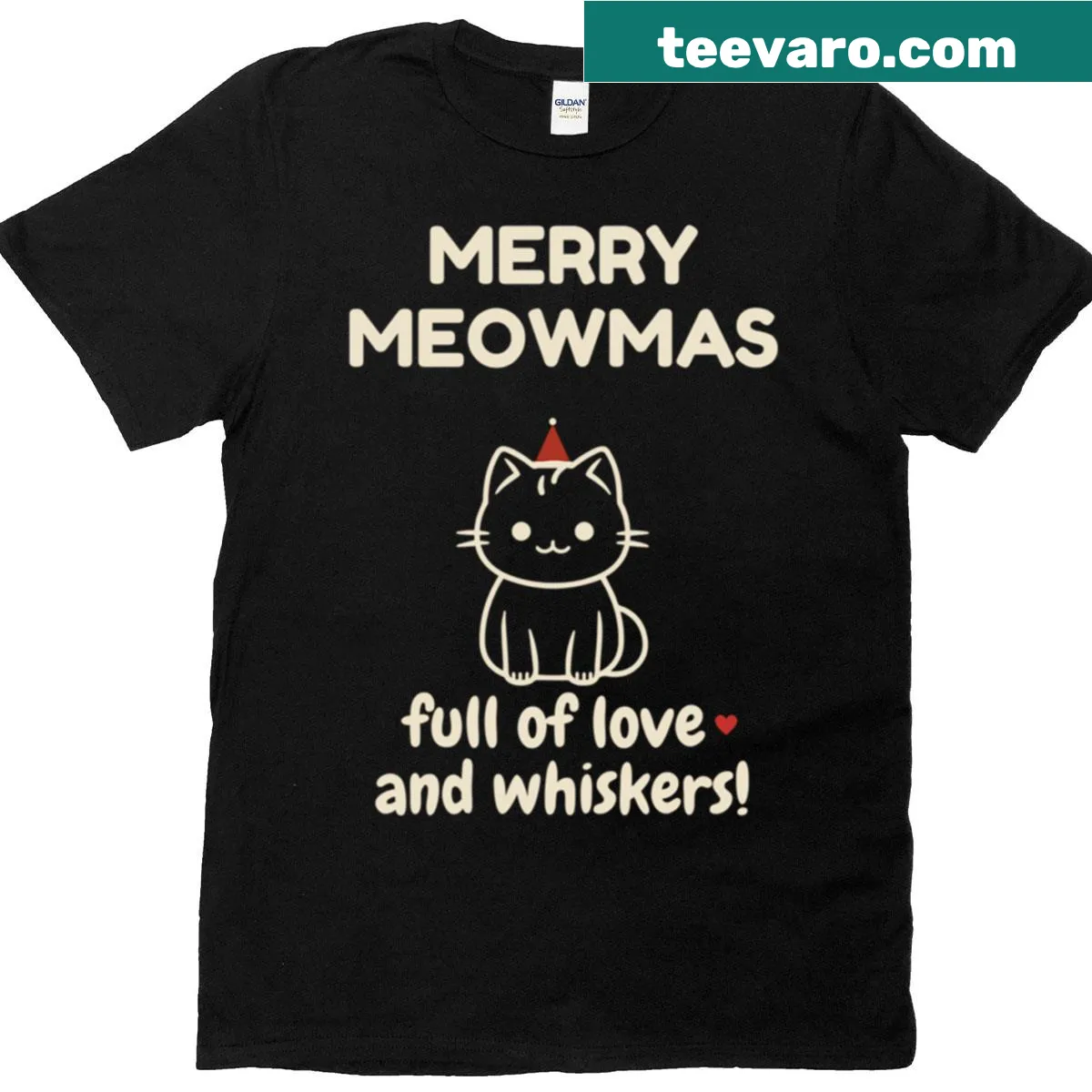Merry Meowmas shirt with cute cat in Santa hat design for Christmas — on a men's t-shirt
