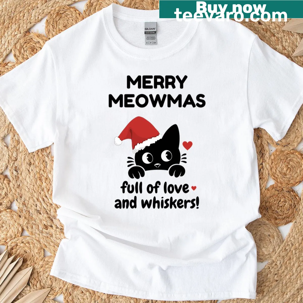 Cute Christmas t-shirt featuring a cat in a Santa hat with the phrase 'Merry Meowmas' — on a men's t-shirt