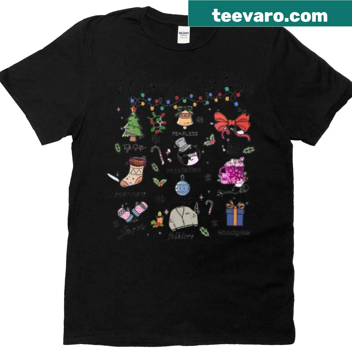 Merry Swiftmas T-shirt with Taylor Swift theme — on a men's t-shirt