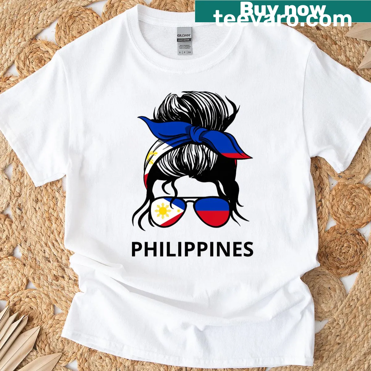 Philippines pride T-shirt featuring a messy bun design — on a men's t-shirt
