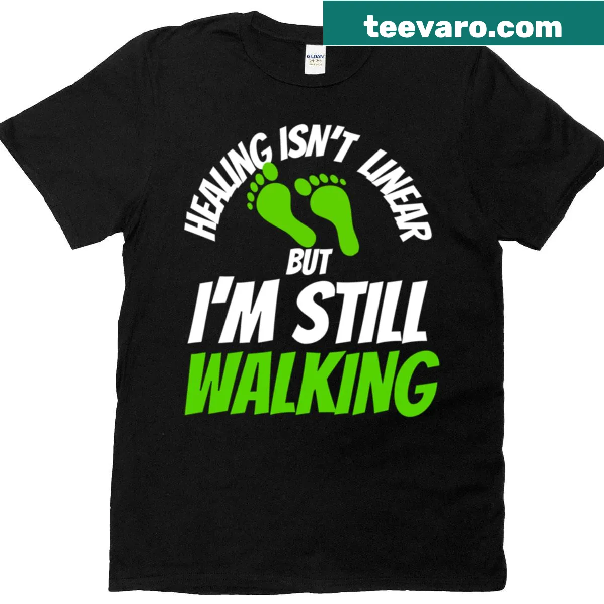 Inspirational typography t-shirt with 'Healing Isn't Linear But I'm Still Walking' — on a men's t-shirt
