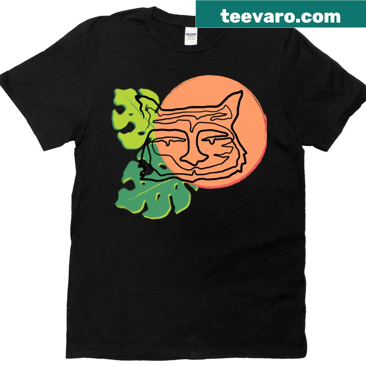 Minimalist tiger line art with monstera leaves — on a men's t-shirt