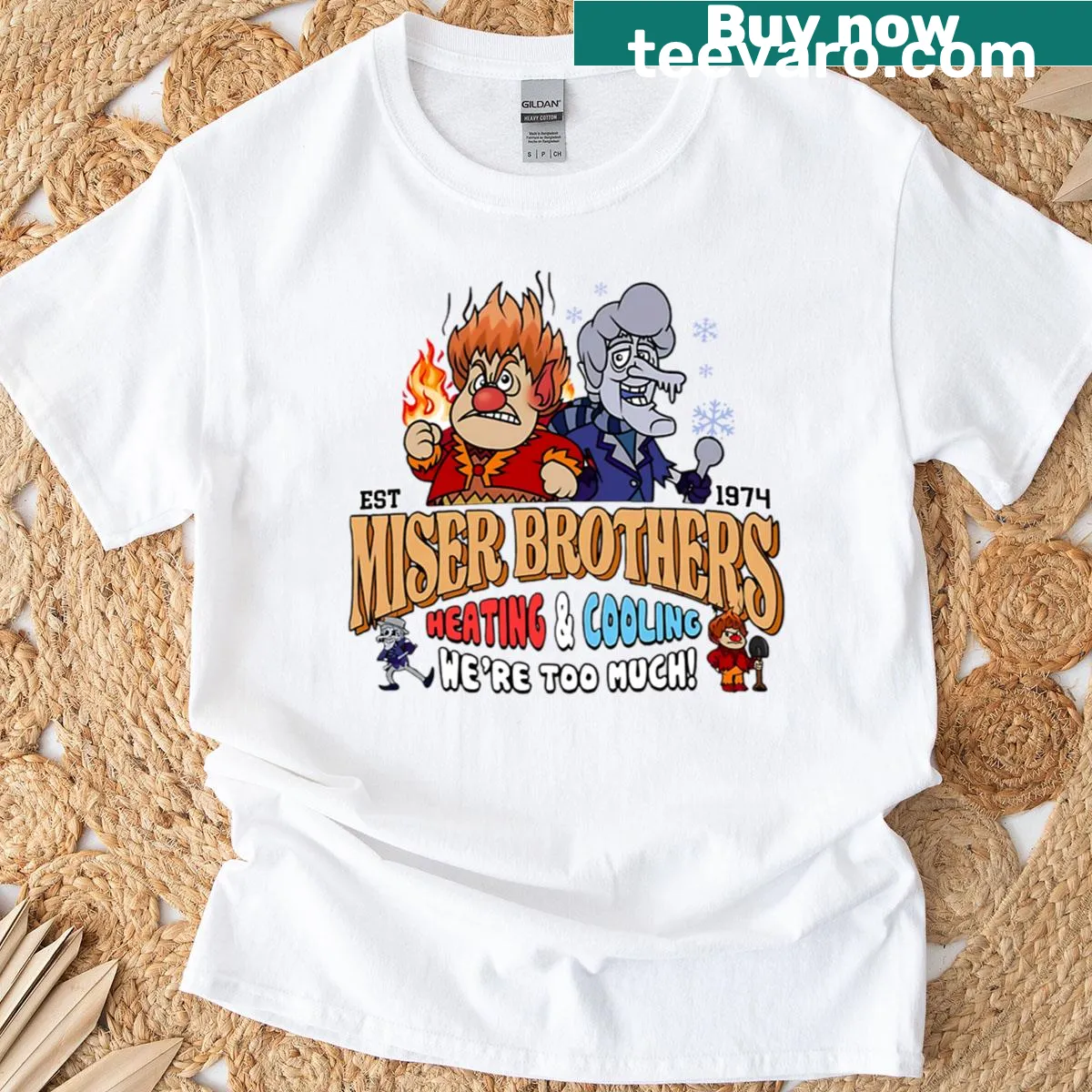 Miser Brothers Heating Cooling T-shirt with vintage graphic — on a men's t-shirt