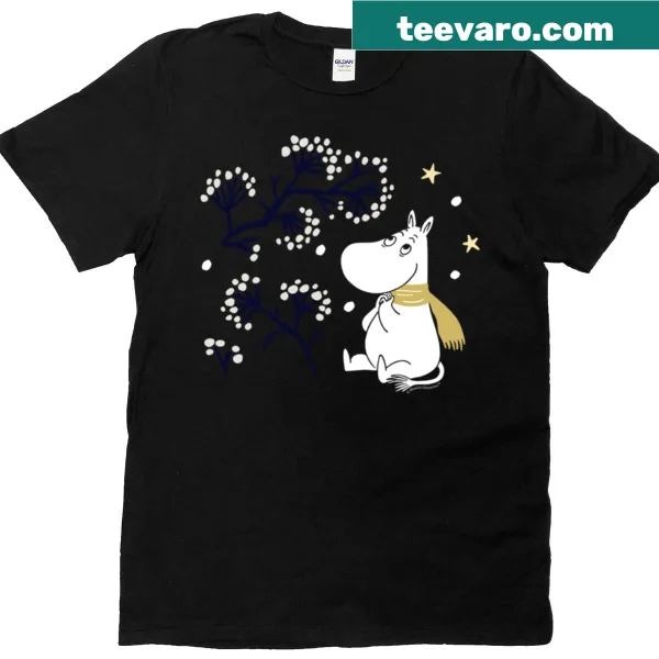 Moomintroll character watching snow on winter-themed t-shirt