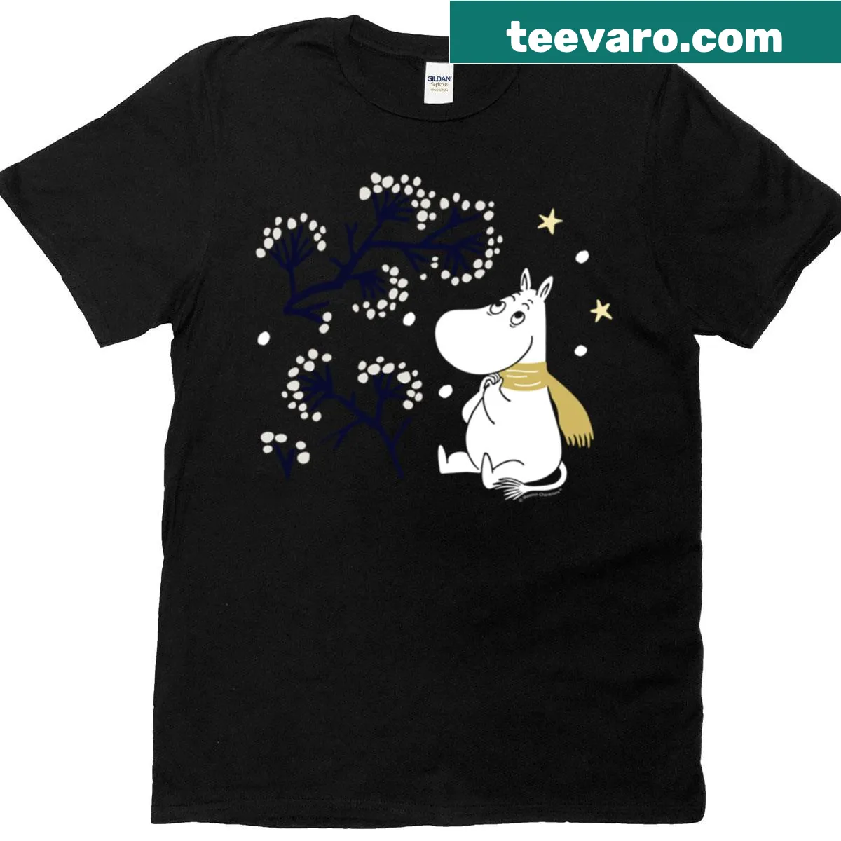 Moomintroll character watching snow on winter-themed t-shirt — on a men's t-shirt