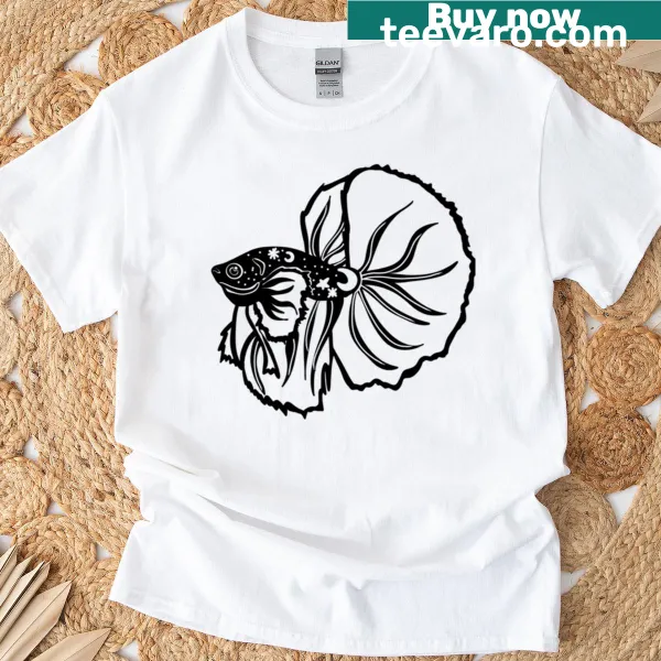 Monochrome T-shirt featuring a betta fish design with moon and stars.