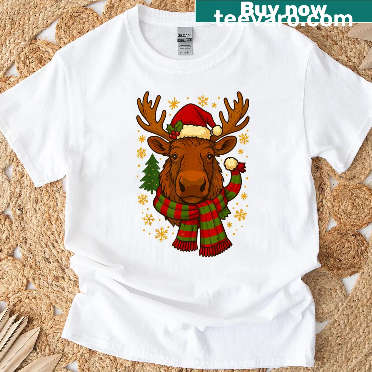 Christmas T-shirt with a moose wearing a Santa hat — on a men's t-shirt