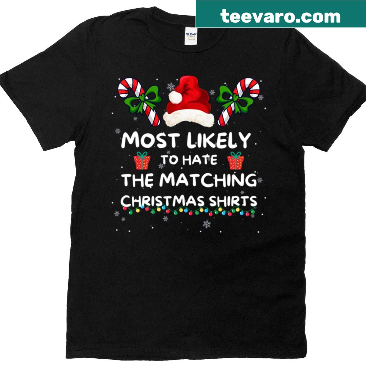 Funny oversized Christmas t-shirt with 'Most Likely To Hate The Matching' text — on a men's t-shirt