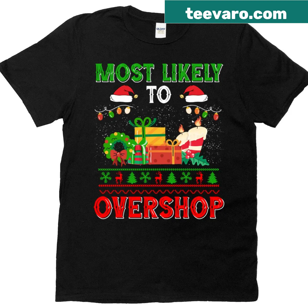 Oversized T-shirt with 'Most Likely To Overshop' printed text — on a men's t-shirt