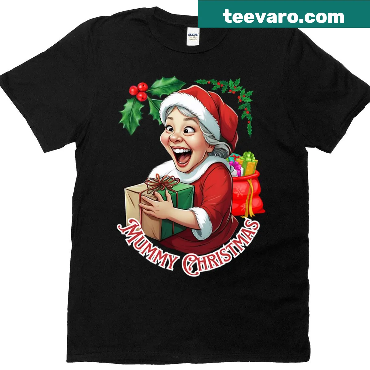 Festive t-shirt featuring Mother Christmas design — on a men's t-shirt