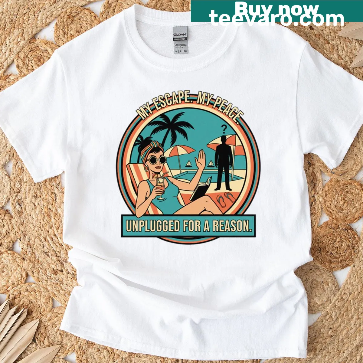 Inspirational typography t-shirt with the phrase about peace and escape — on a men's t-shirt