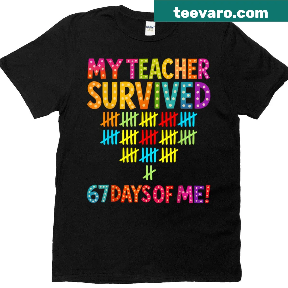 Funny kids t-shirt featuring My Teacher Survived 67 Days Of Me meme — on a men's t-shirt