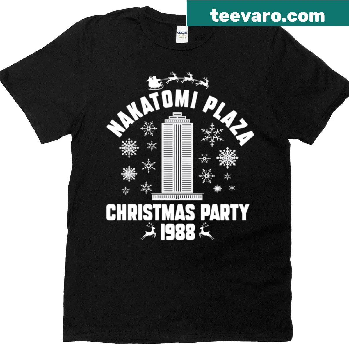 Graphic tee featuring Nakatomi Plaza from a classic action movie — on a men's t-shirt