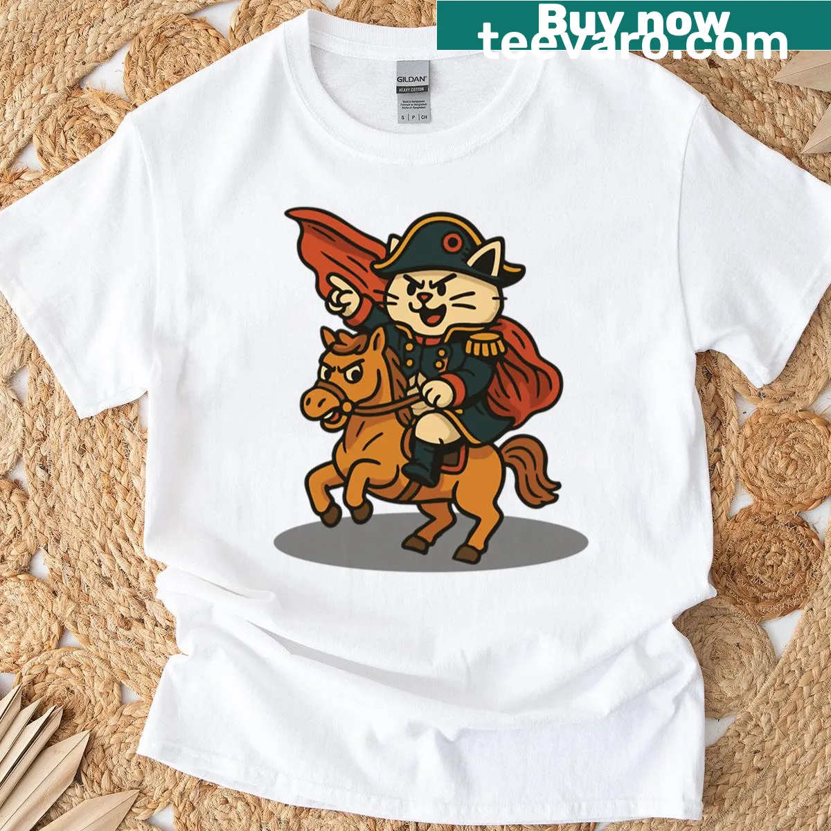 T-shirt featuring a cat dressed as a historical warrior — on a men's t-shirt