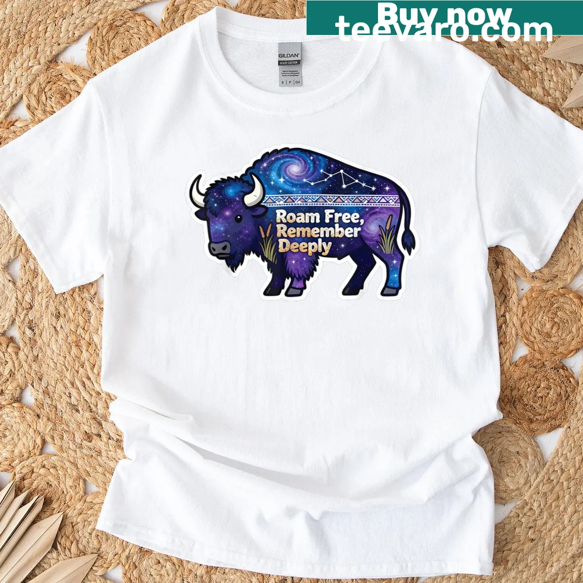 Illustrative t-shirt featuring a cosmic bison celebrating National Bison Day — on a men's t-shirt