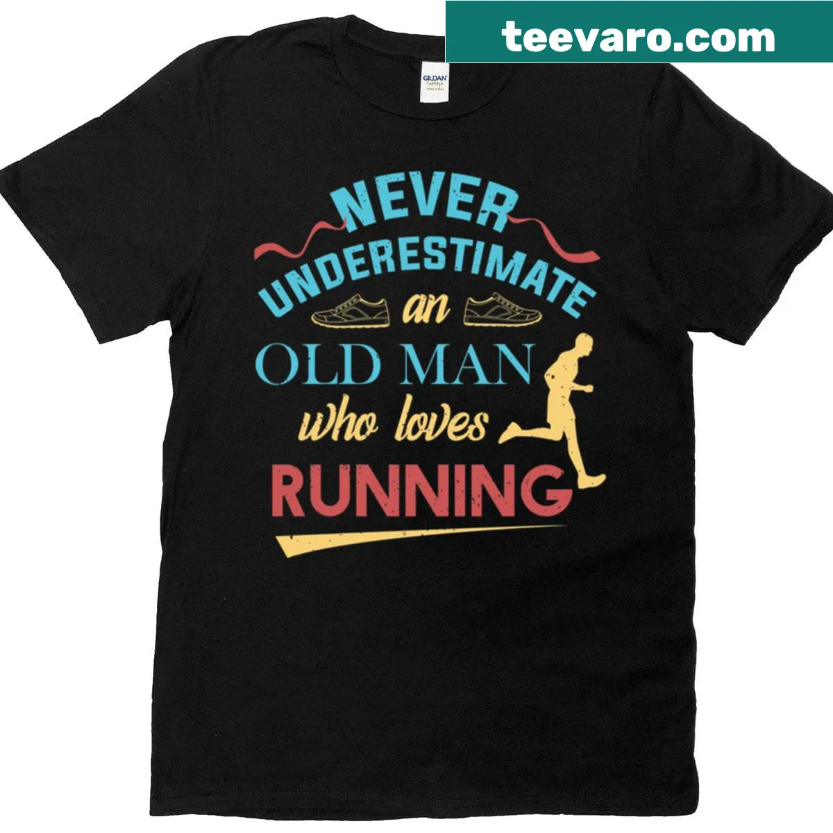 Bold typography t-shirt: 'Never Underestimate An Old Man Who Loves Running' — on a men's t-shirt