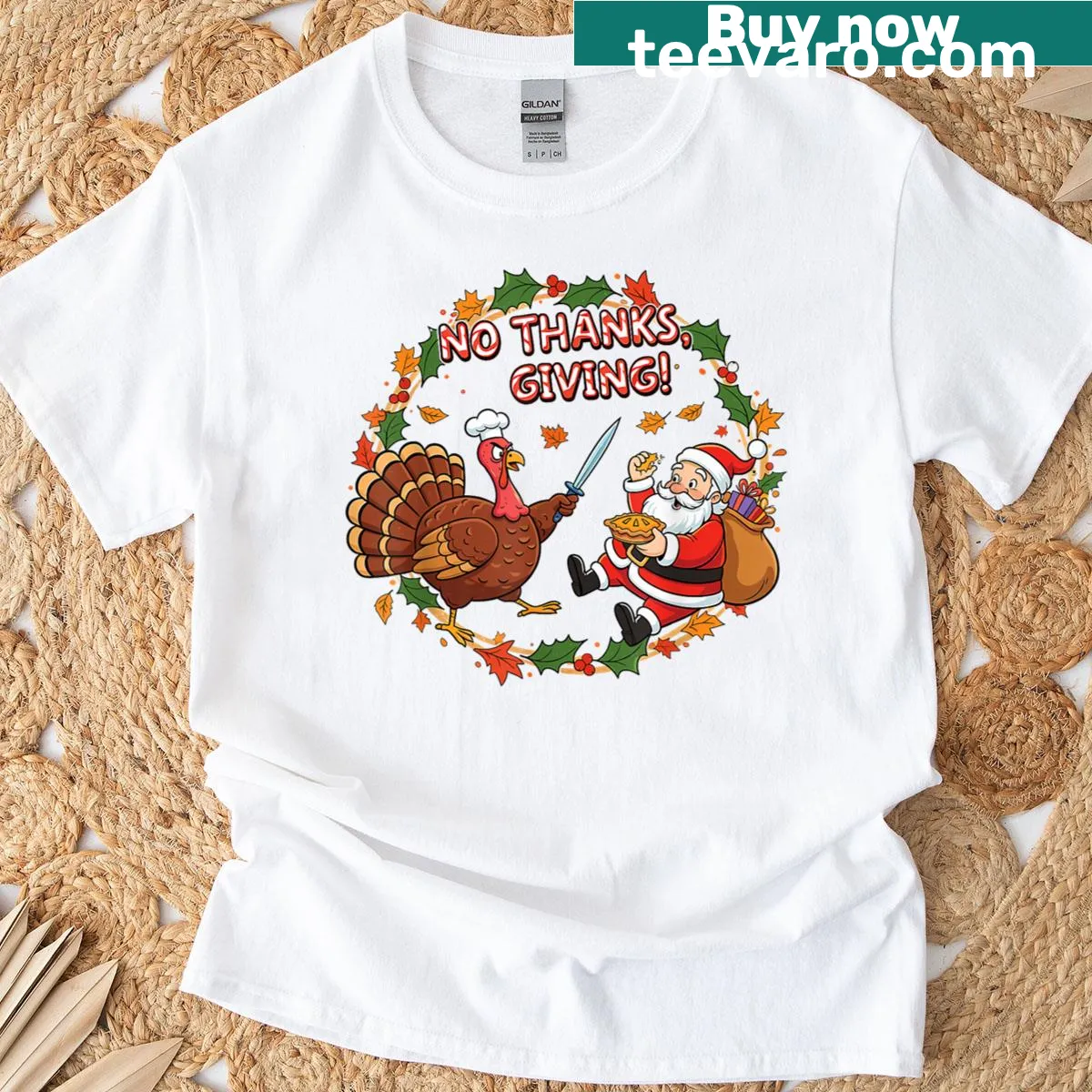 Funny vegan Thanksgiving t-shirt with turkey in a Santa hat design. — on a men's t-shirt