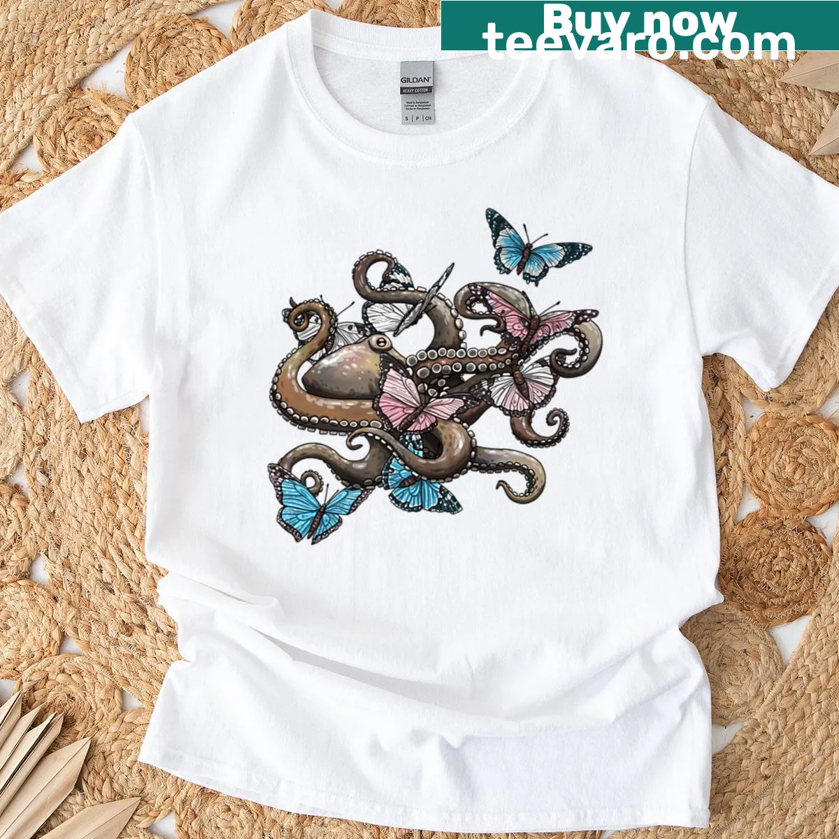 Graphic T-shirt featuring an octopus and colorful butterflies — on a men's t-shirt