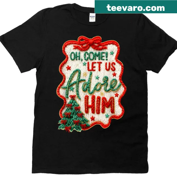 Nativity scene t-shirt with the phrase Oh Come Let Us Adore Him