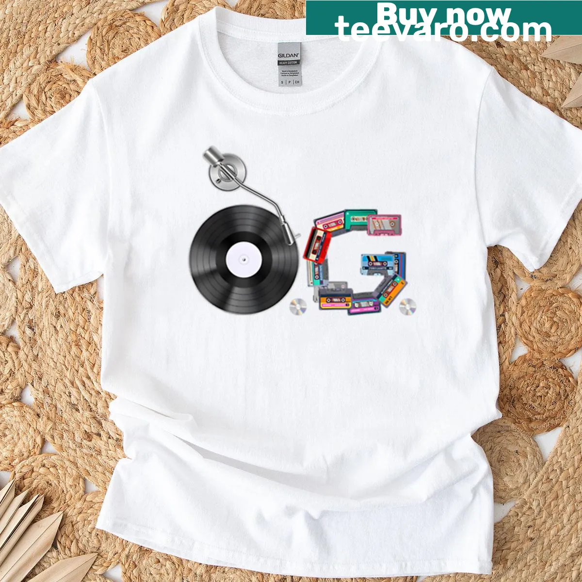 Retro hip-hop t-shirt featuring vinyl records and tape designs. — on a men's t-shirt