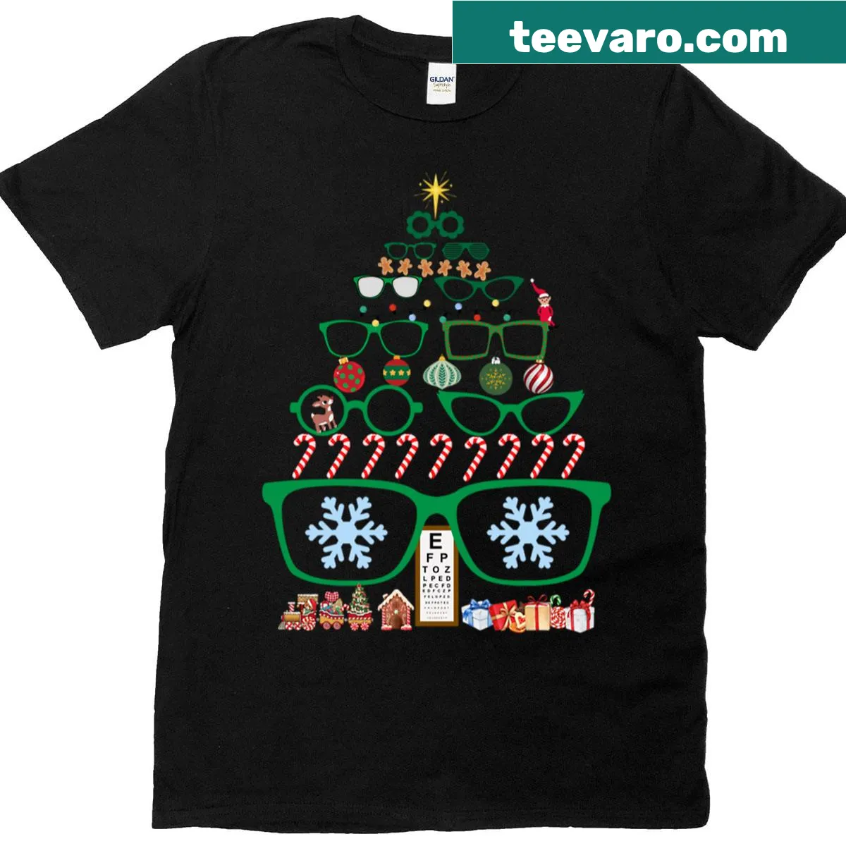 Christmas tree made of eyeglasses graphic T-shirt for optometrists — on a men's t-shirt