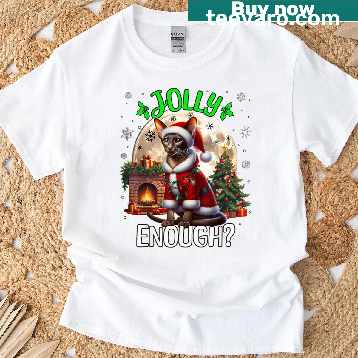 Christmas-themed T-shirt featuring an Oriental Shorthair cat — on a men's t-shirt