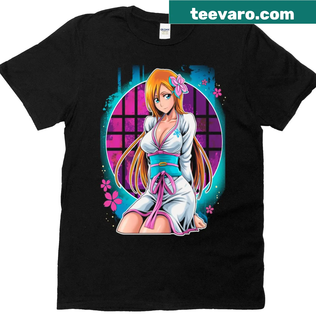 Illustrated T-shirt featuring Orihime Inoue from Bleach — on a men's t-shirt