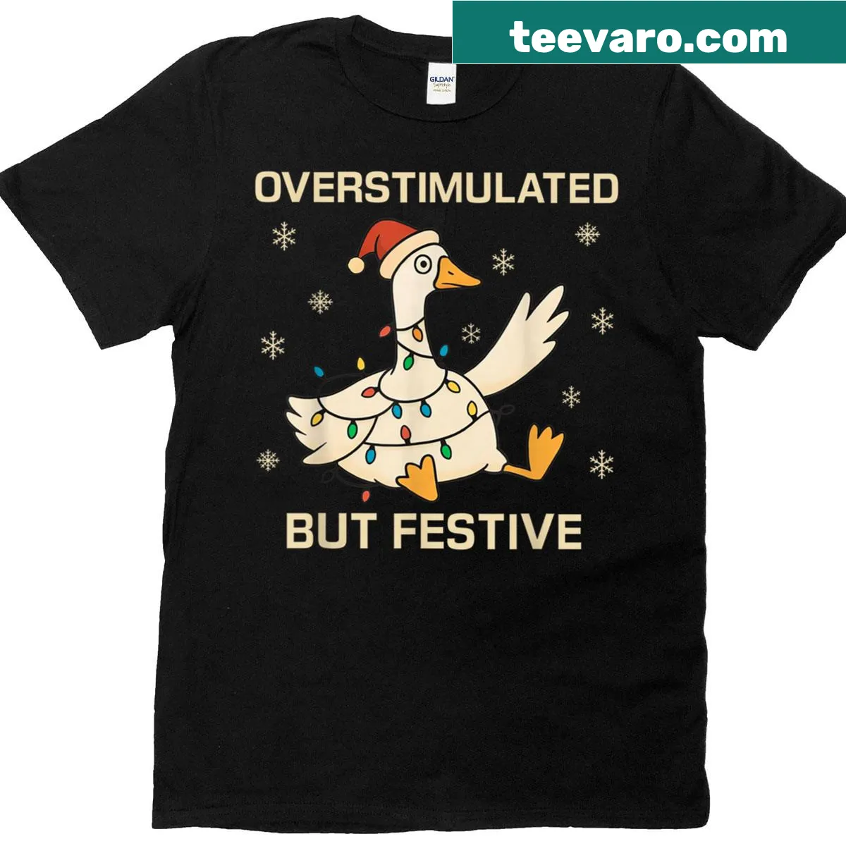 Whimsical goose illustration for festive T-shirt — on a men's t-shirt