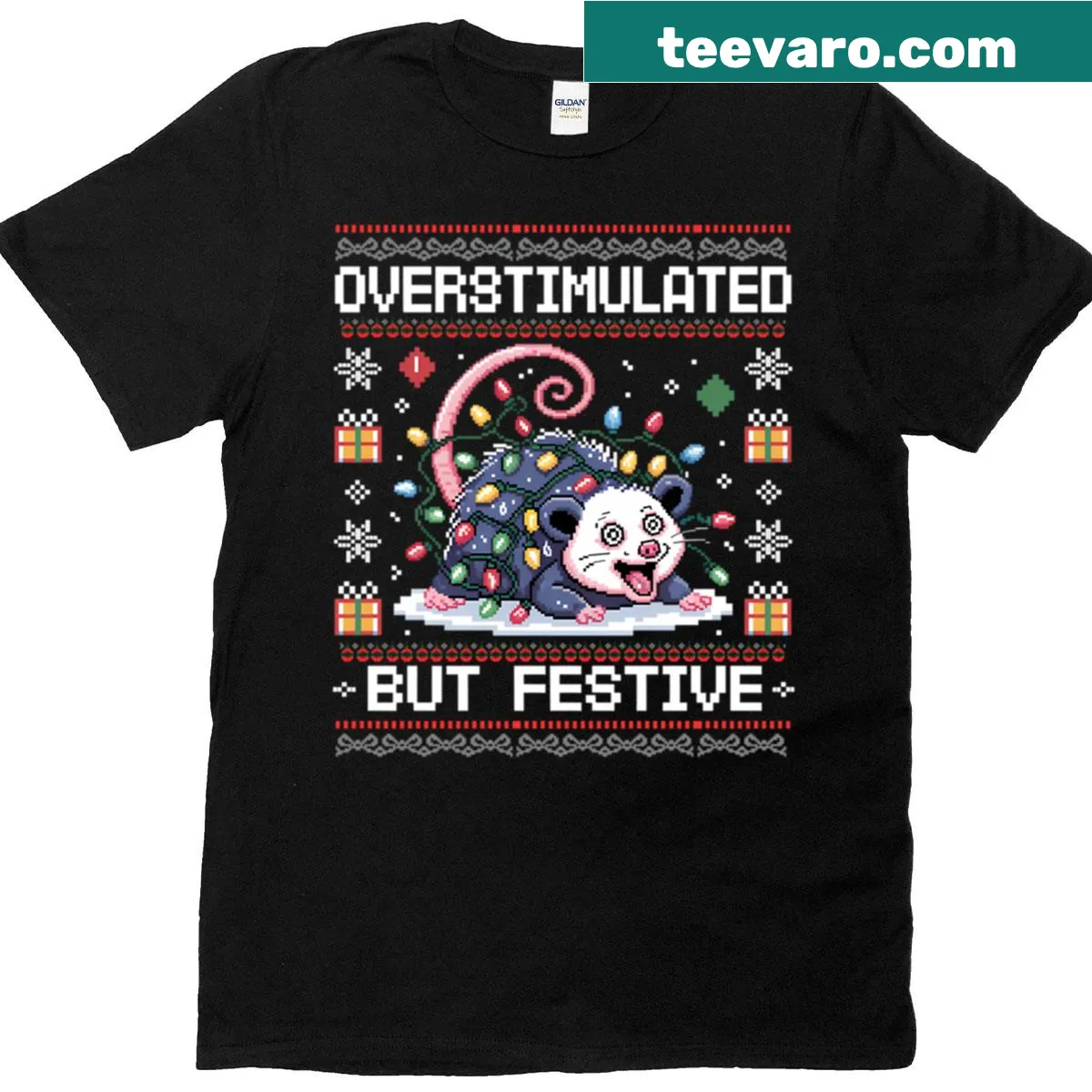 Humorous festive T-shirt with 'Overstimulated But Festive' text — on a men's t-shirt