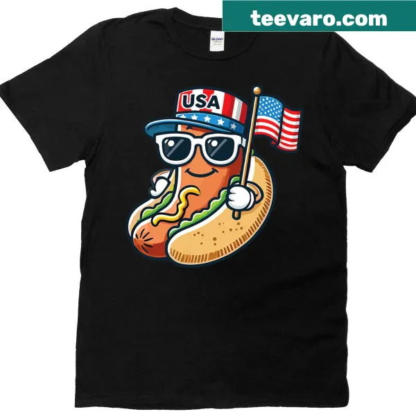 Funny hot dog t-shirt with a patriotic design for Fourth of July