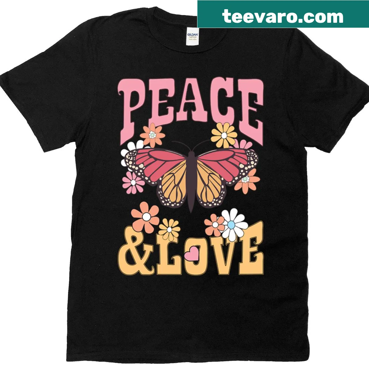 Inspirational T-shirt with peace love butterfly graphic — on a men's t-shirt