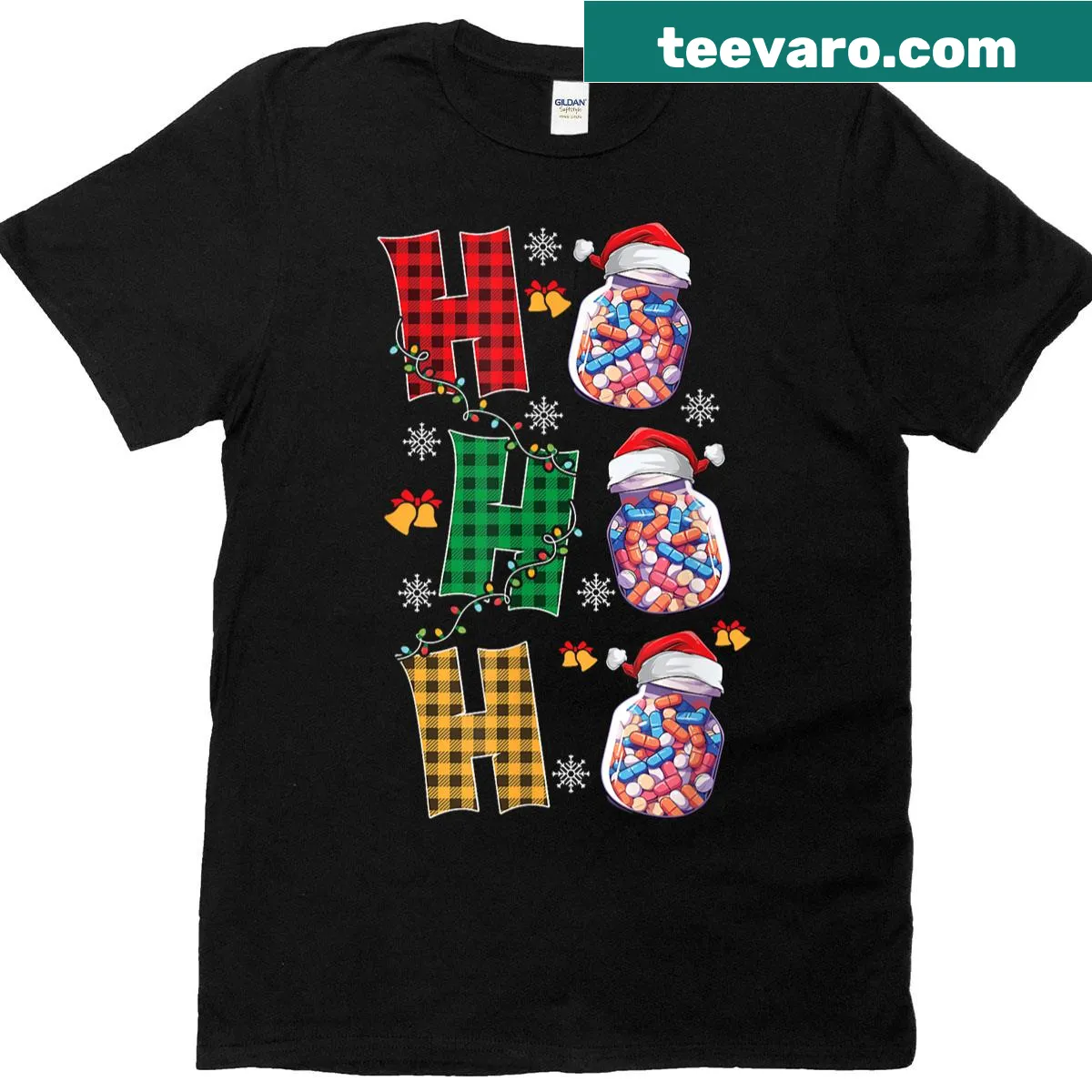 Christmas-themed pharmacy graphic on t-shirt for pharmacy techs — on a men's t-shirt