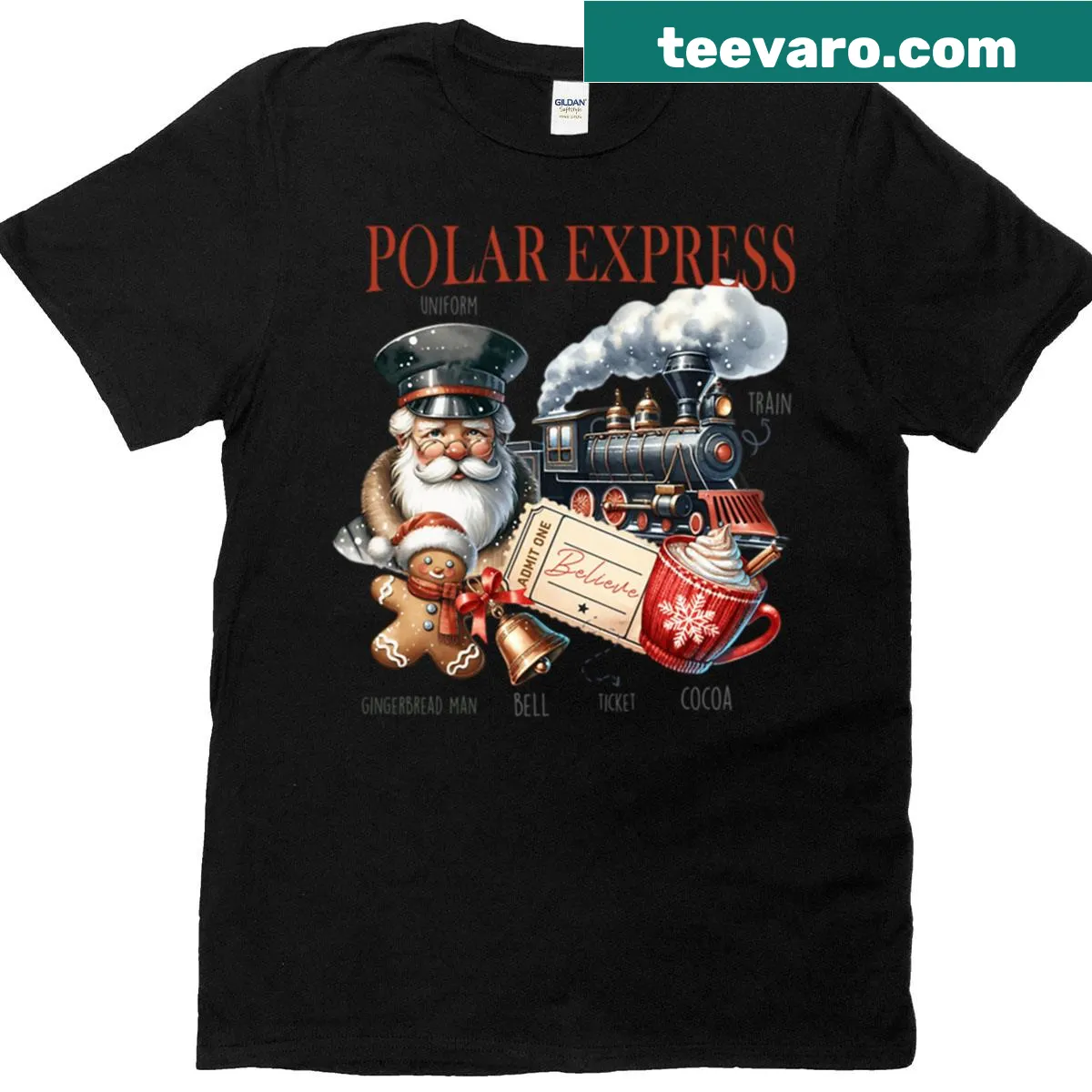 Illustrated Polar Express train T-shirt for Christmas lovers — on a men's t-shirt