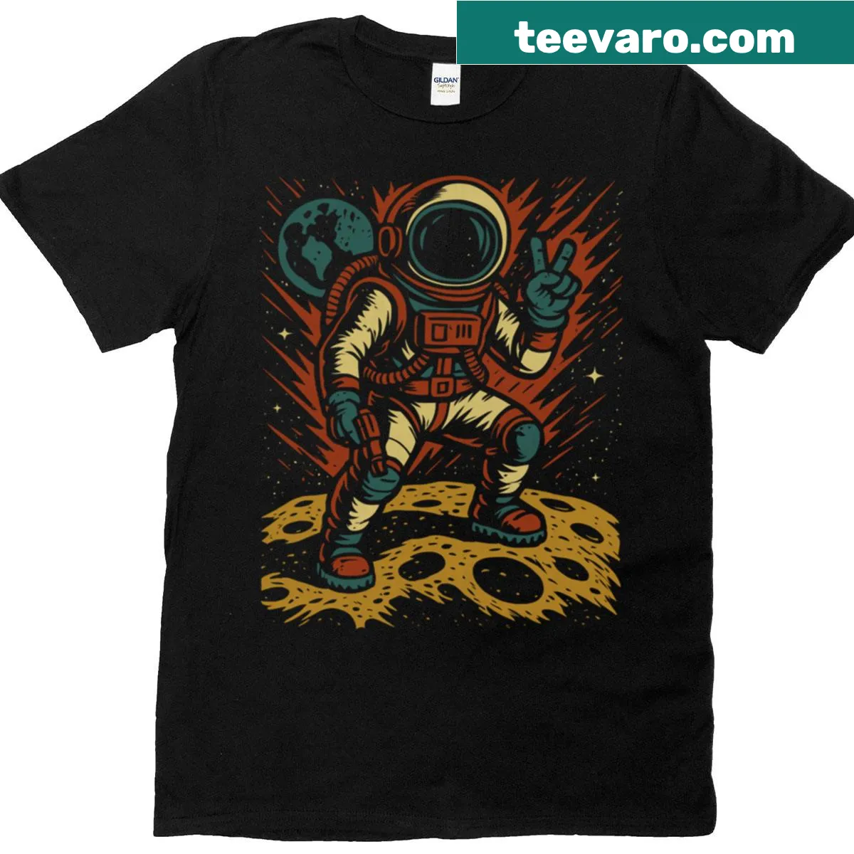 Pop art astronaut design with peace sign — on a men's t-shirt