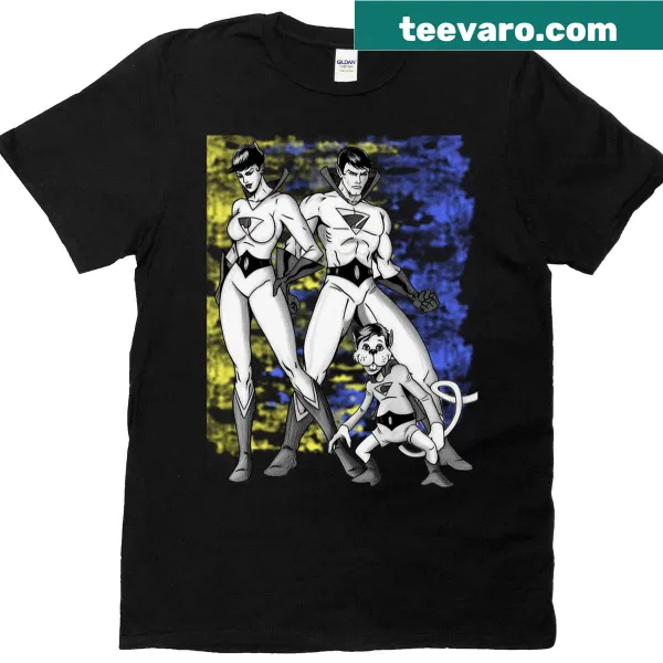 Dynamic duo superhero t-shirt with neon comic art design