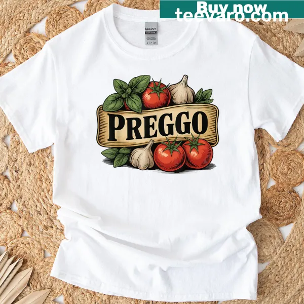 T-shirt featuring 'Preggo Sauce' for pregnancy announcement