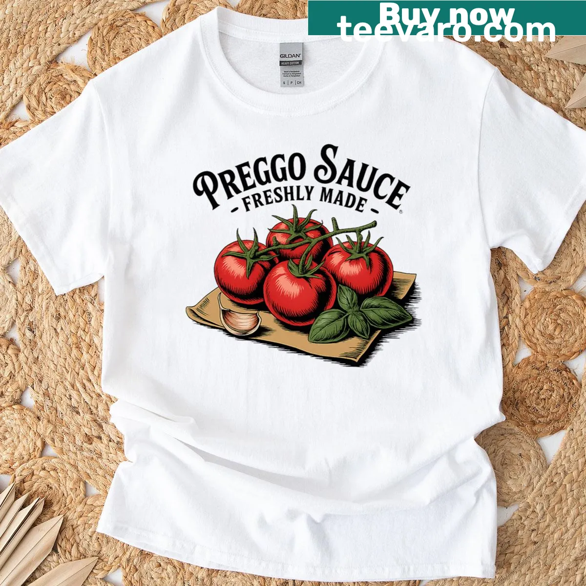 Funny pregnancy announcement T-shirt with 'Preggo Sauce' theme — on a men's t-shirt